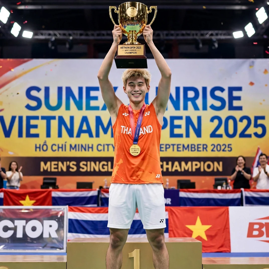 Panitchaphon Teeraratsakul lifting the Vietnam Open 2025 trophy Panitchaphon Teeraratsakul lifting the Vietnam Open 2025 trophy, his first BWF World Tour title (AI-generated)