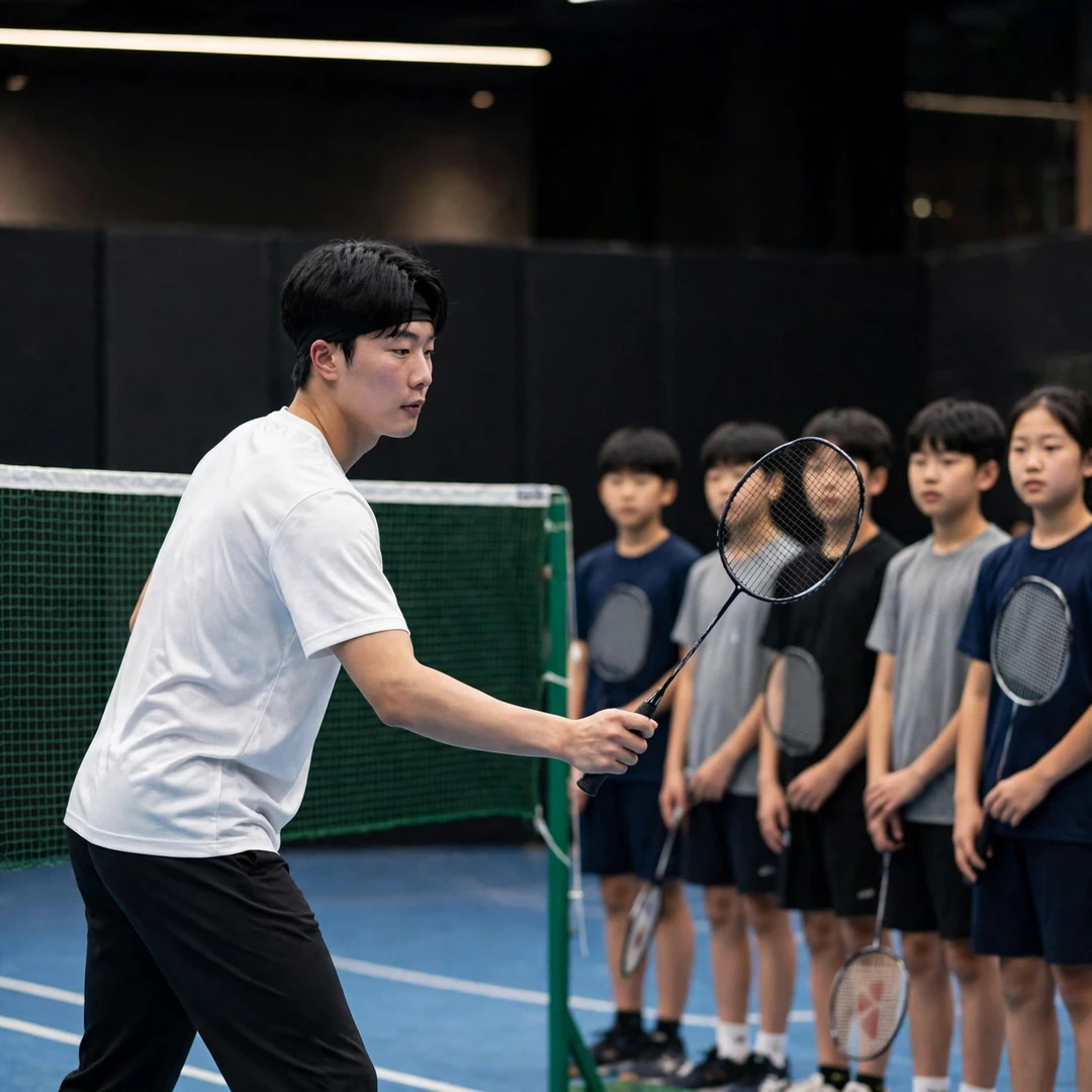 Park Sang Yong Park Sang Yong demonstrating a net shot to junior players at a badminton clinic (AI-generated)