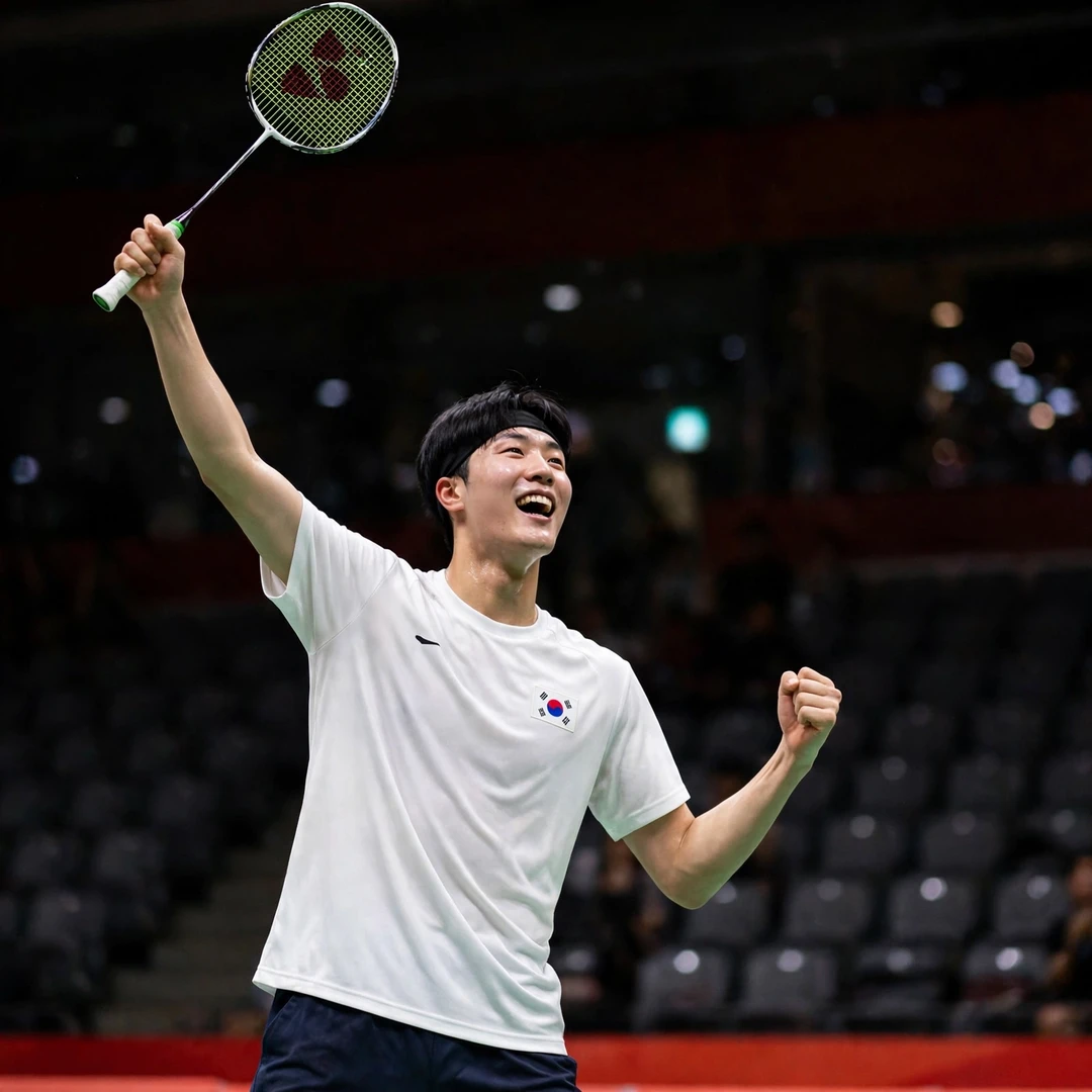 Park Sang Yong Park Sang Yong celebrating a victory with his racket raised (AI-generated)