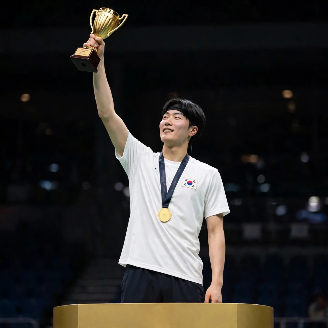 Park Sang Yong Park Sang Yong on the podium with a trophy after winning the Malaysia International Series (AI-generated)