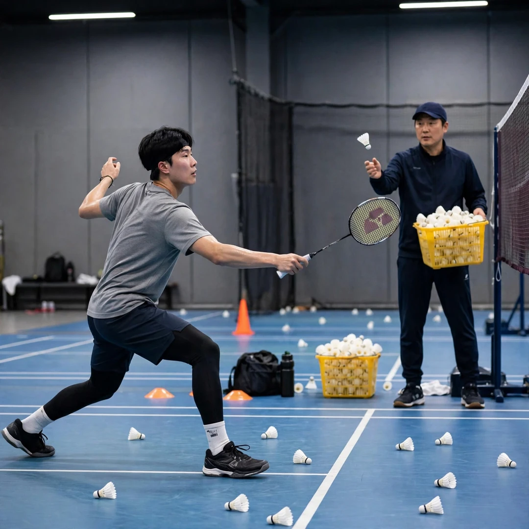Park Sang Yong Park Sang Yong in a multi-shuttle training drill with his coach feeding shuttles (AI-generated)