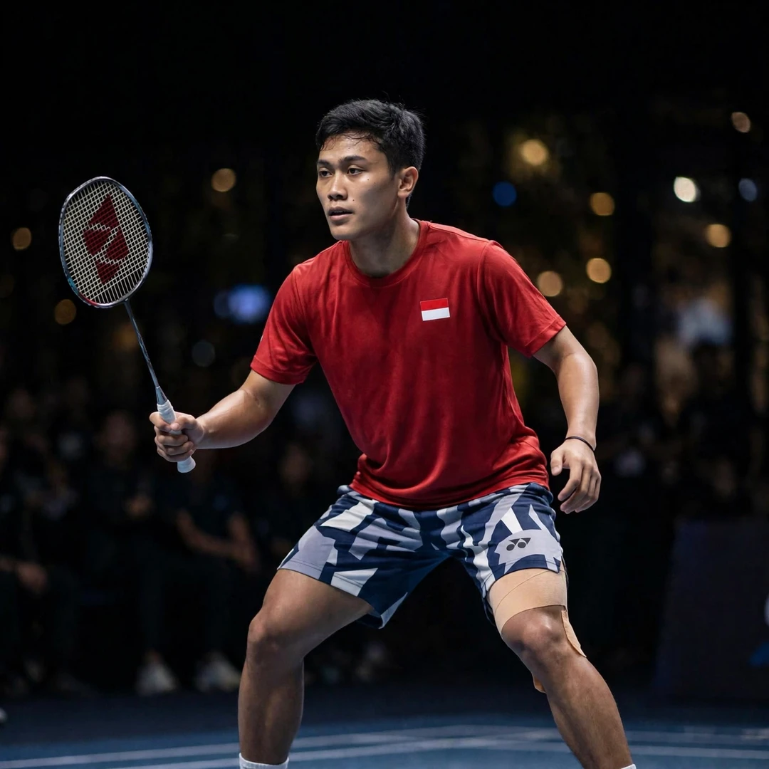 Prahdiska Bagas Shujiwo Indonesia badminton player Prahdiska Bagas Shujiwo of Indonesia in a ready stance on court, racket in his right hand (AI-generated)