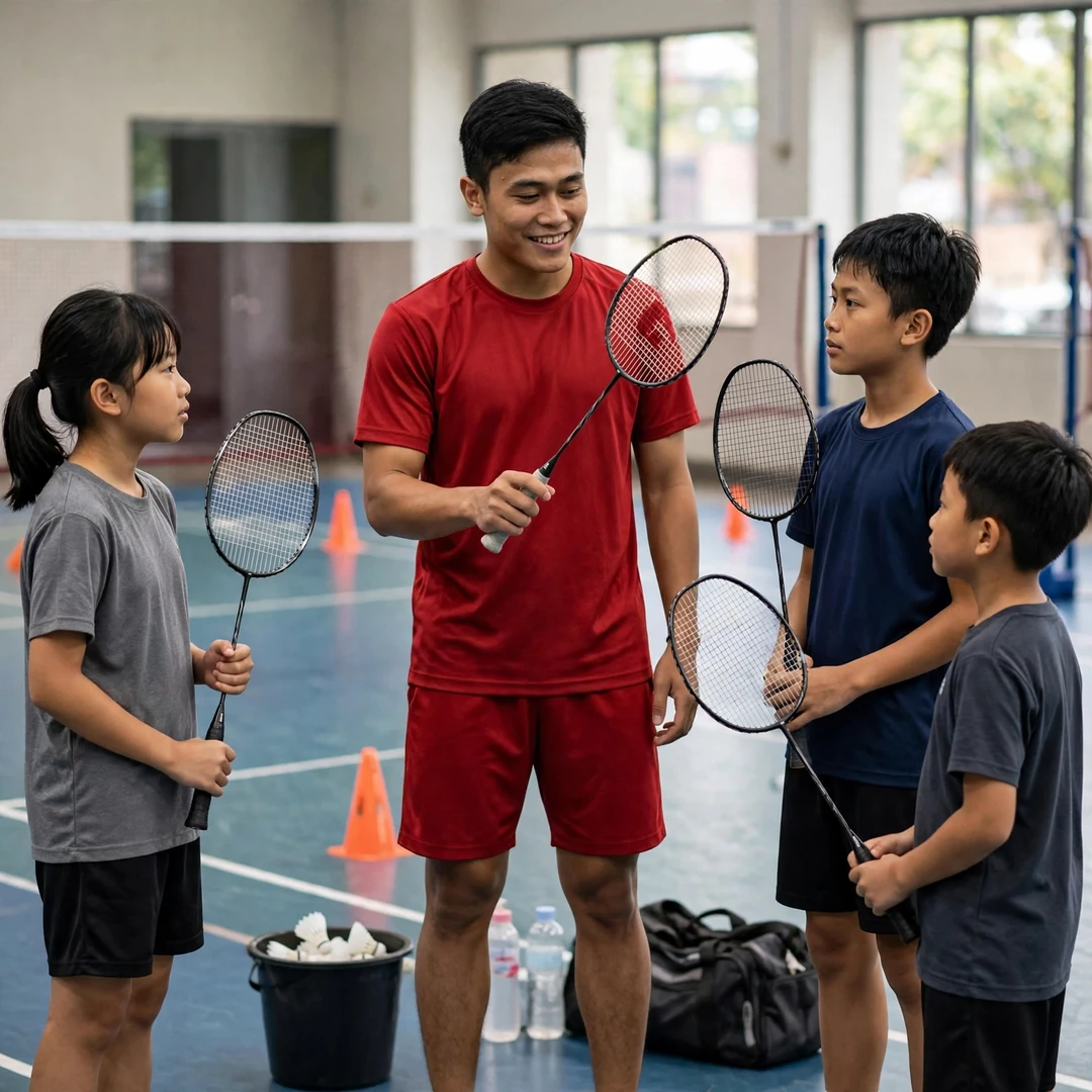 Prahdiska Bagas Shujiwo badminton clinic juniors Prahdiska Bagas Shujiwo demonstrating a grip to junior players at a badminton clinic (AI-generated)