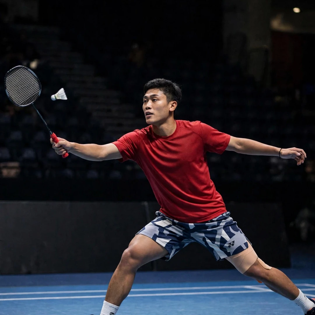 Prahdiska Bagas Shujiwo backhand technique Prahdiska Bagas Shujiwo reaching across for a backhand clear in the deep backhand corner (AI-generated)