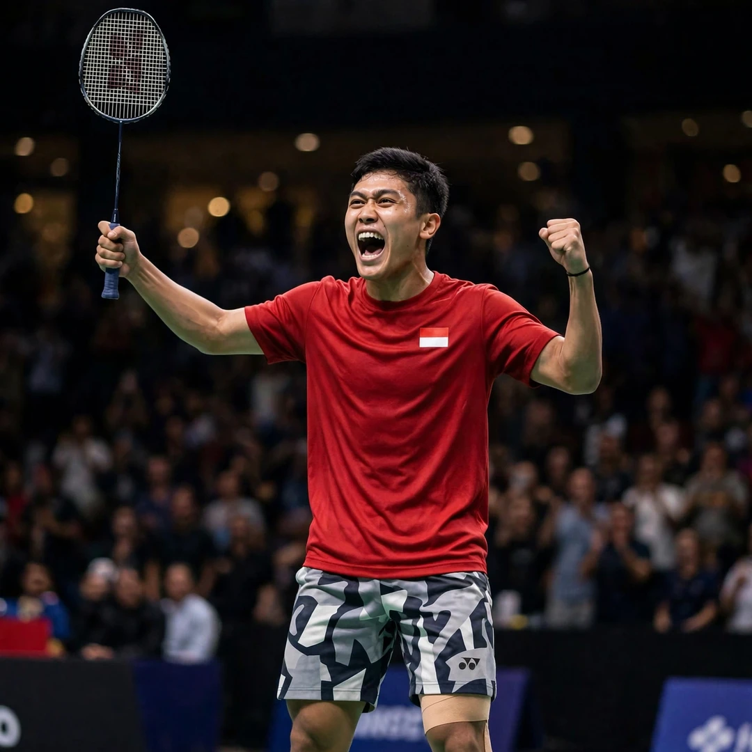 Prahdiska Bagas Shujiwo celebrating match point Prahdiska Bagas Shujiwo roaring in celebration after beating Lee Zii Jia at the 2026 Macau Open (AI-generated)