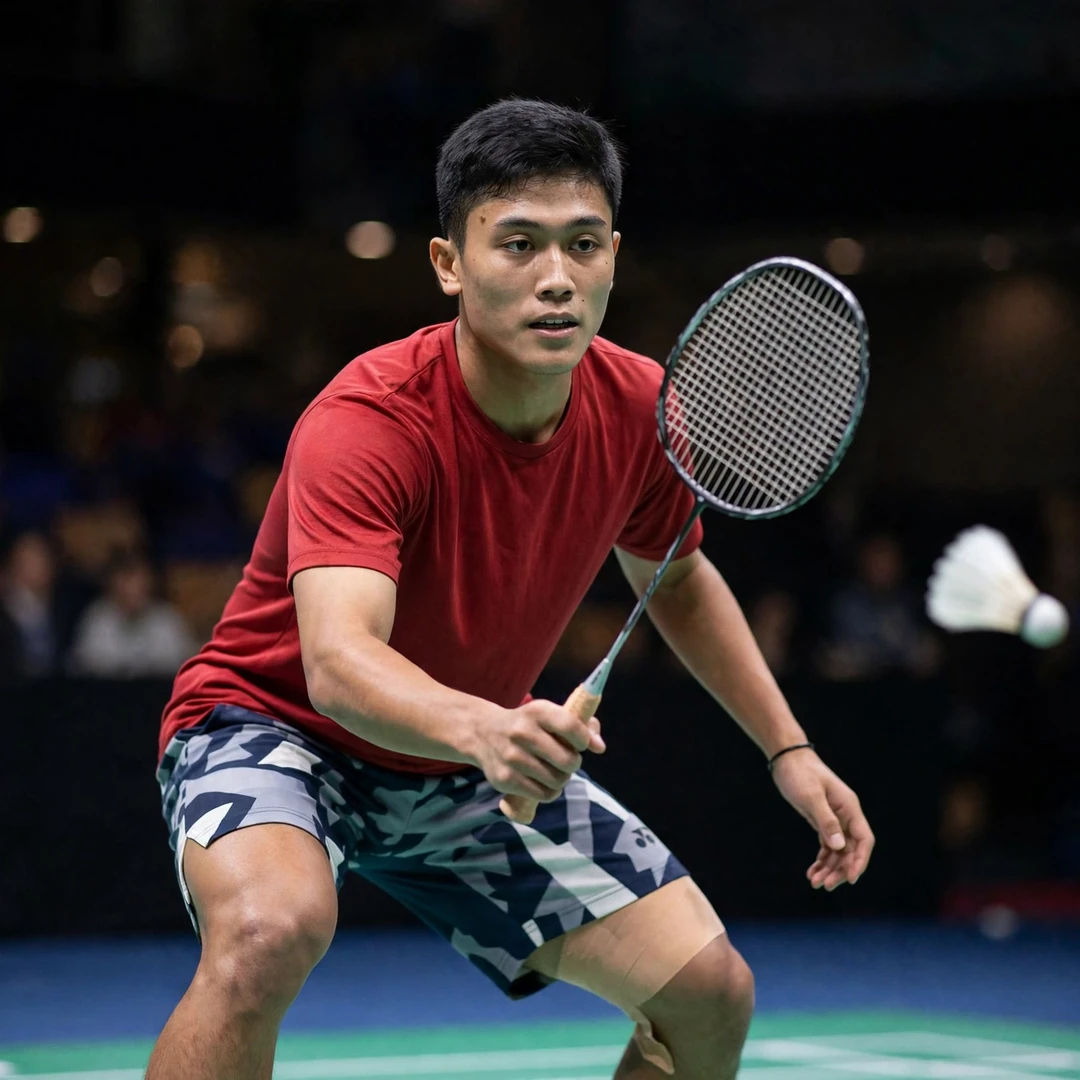 Prahdiska Bagas Shujiwo defensive crouch Prahdiska Bagas Shujiwo in a low defensive crouch ready to block a smash (AI-generated)