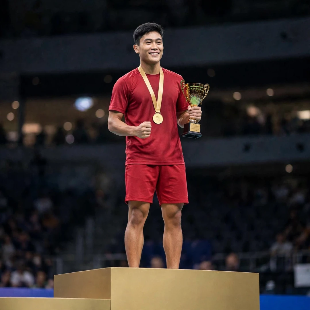 Prahdiska Bagas Shujiwo Lagos champion Prahdiska Bagas Shujiwo on the podium with the trophy after winning the 2025 Lagos International Classics (AI-generated)