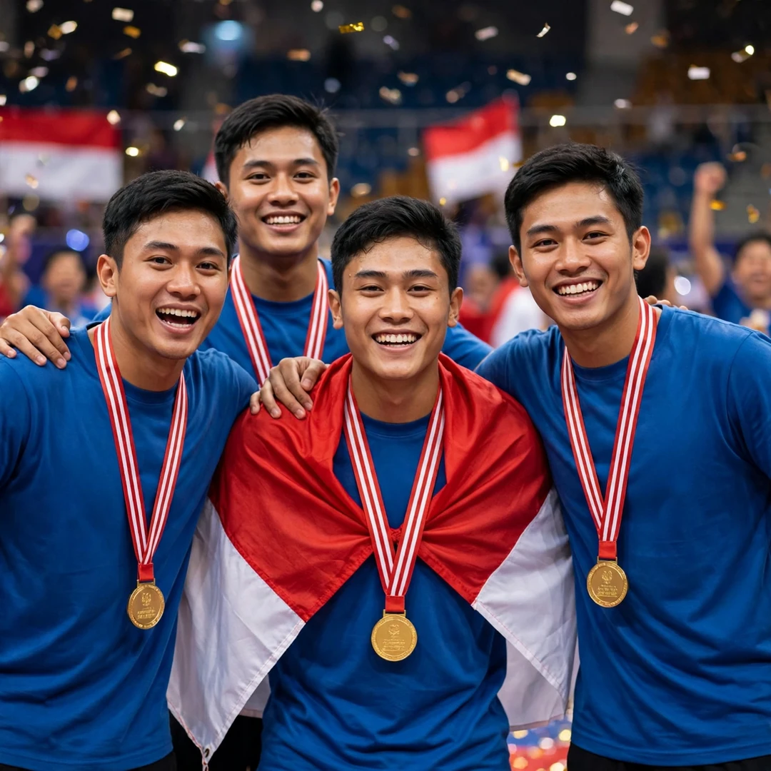 Prahdiska Bagas Shujiwo SEA Games team gold Prahdiska Bagas Shujiwo celebrating the 2025 SEA Games men's team gold with Indonesia (AI-generated)