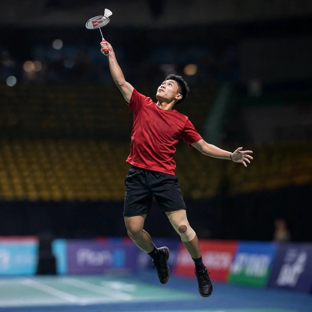 Prahdiska Bagas Shujiwo jump smash Prahdiska Bagas Shujiwo launching a jump smash in his red Indonesia team shirt (AI-generated)