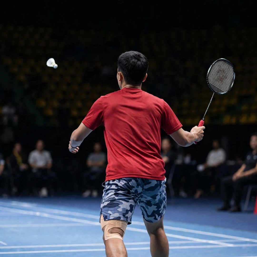 Prahdiska Bagas Shujiwo playing style Prahdiska Bagas Shujiwo playing a cross-court forehand drive from the rear court, seen from behind (AI-generated)