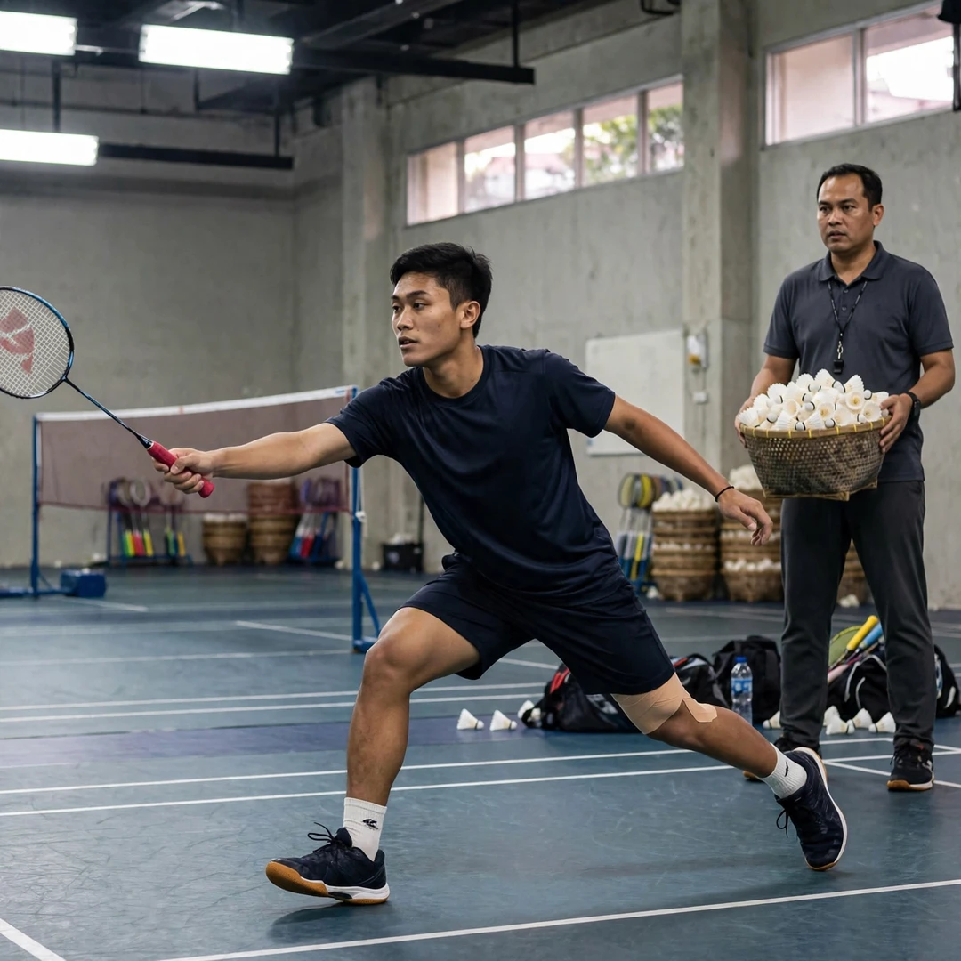 Prahdiska Bagas Shujiwo training session Prahdiska Bagas Shujiwo in a multi-shuttle training drill at the Indonesian national training centre (AI-generated)