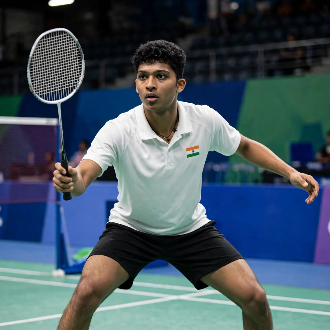 Pranay Shettigar of India in a ready stance on court, racket in his right hand (AI-generated) Pranay Shettigar of India in a ready stance on court, racket in his right hand (AI-generated)