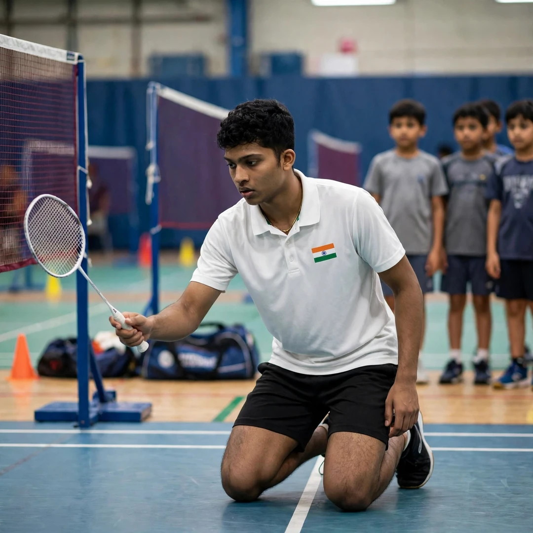 Pranay Shettigar demonstrating a net shot to junior players at a coaching clinic (AI-generated) Pranay Shettigar demonstrating a net shot to junior players at a coaching clinic (AI-generated)