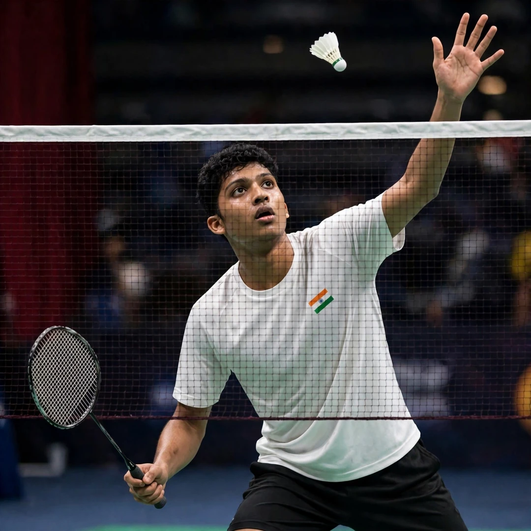 Pranay Shettigar playing a tight net shot, racket in his right hand (AI-generated) Pranay Shettigar playing a tight net shot, racket in his right hand (AI-generated)