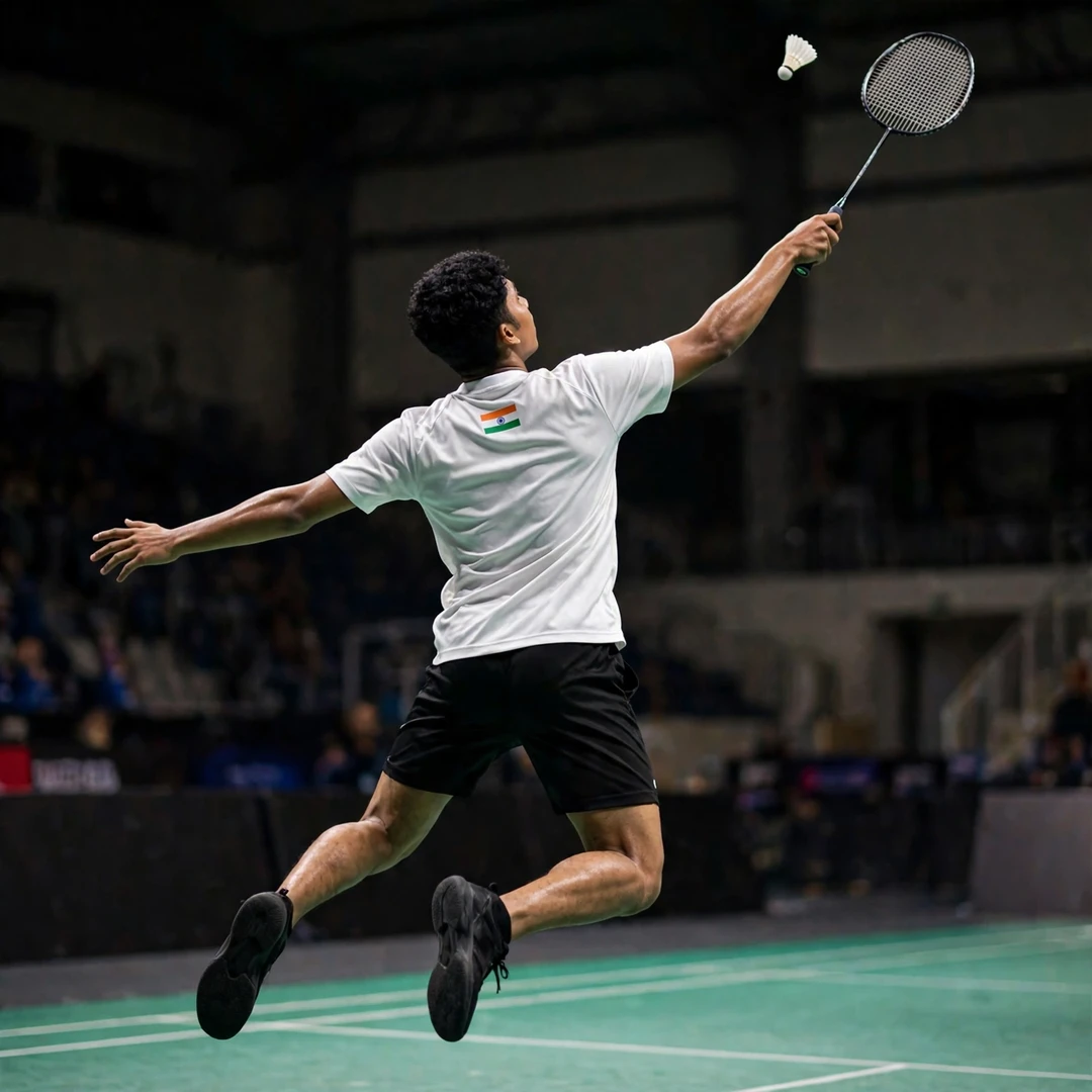 Pranay Shettigar preparing a jump smash, racket in his right hand (AI-generated) Pranay Shettigar preparing a jump smash, racket in his right hand (AI-generated)
