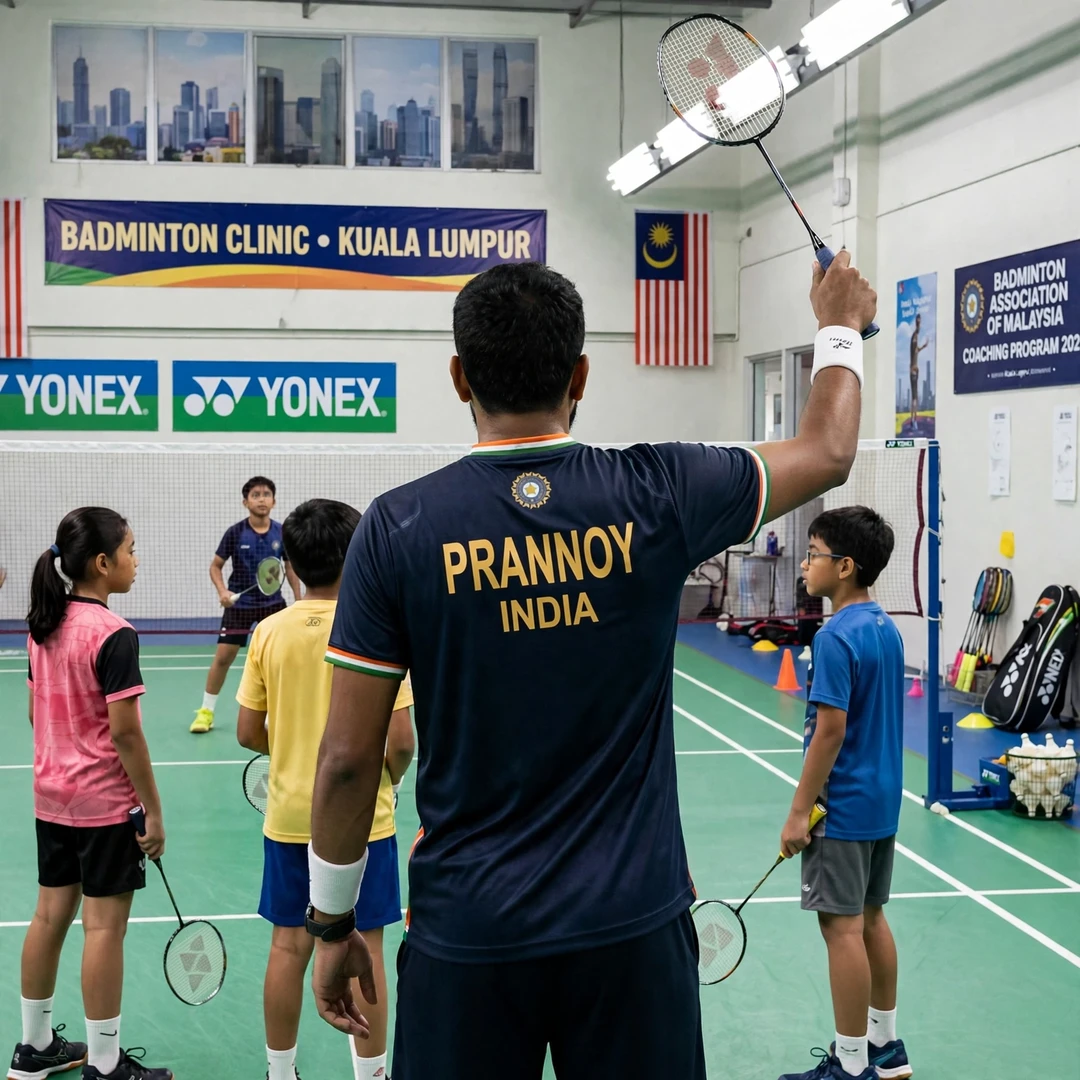 Prannoy H. S. junior clinic Prannoy H. S. coaching junior players at a clinic in Kuala Lumpur (AI-generated)