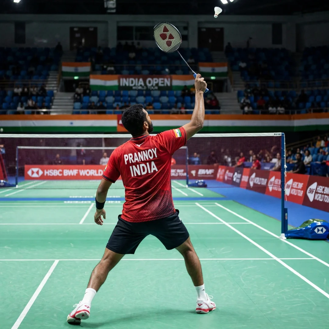 Prannoy H. S. overhead clear Prannoy H. S. playing an overhead clear from the backhand corner (AI-generated)