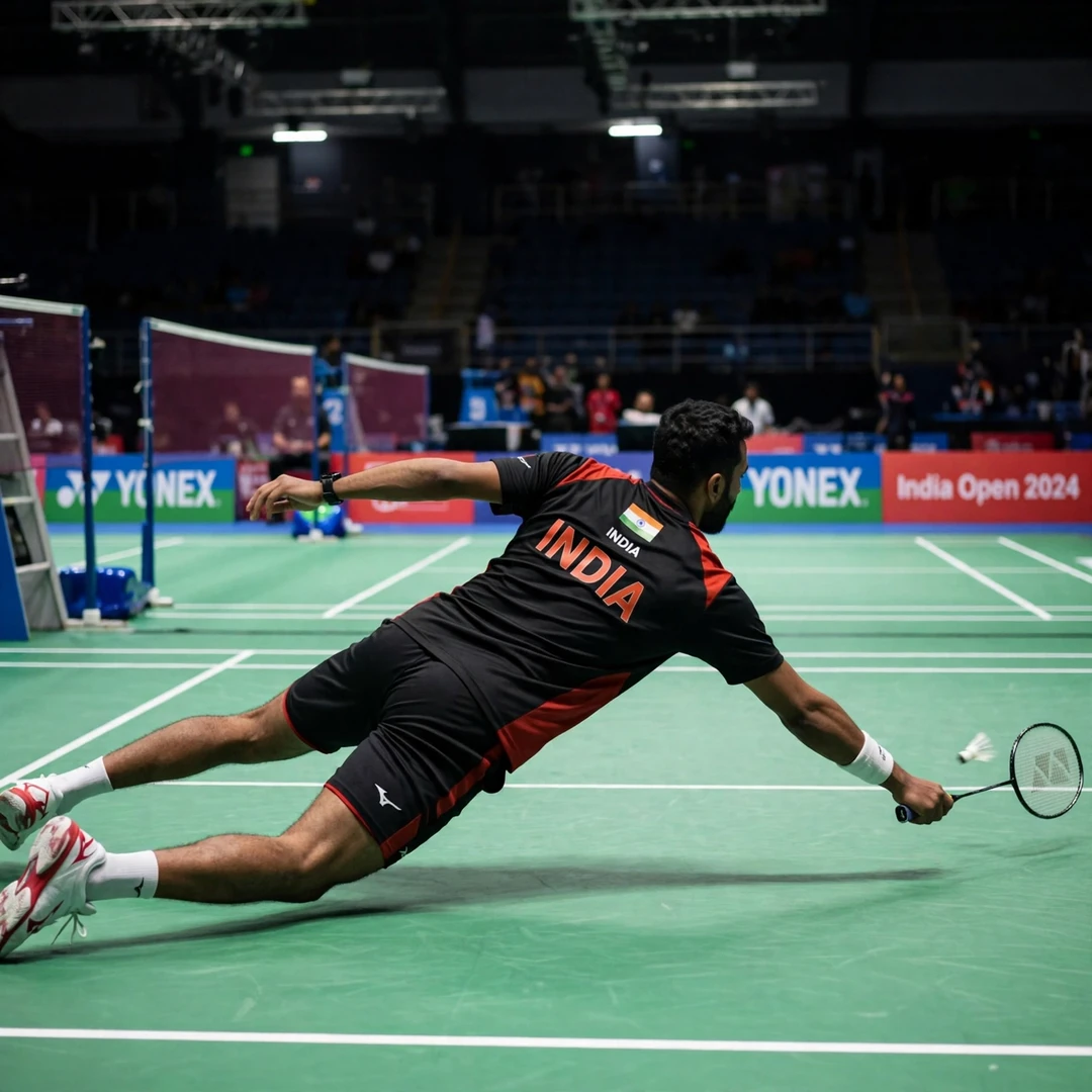 Prannoy H. S. defence Prannoy H. S. diving for a defensive return (AI-generated)