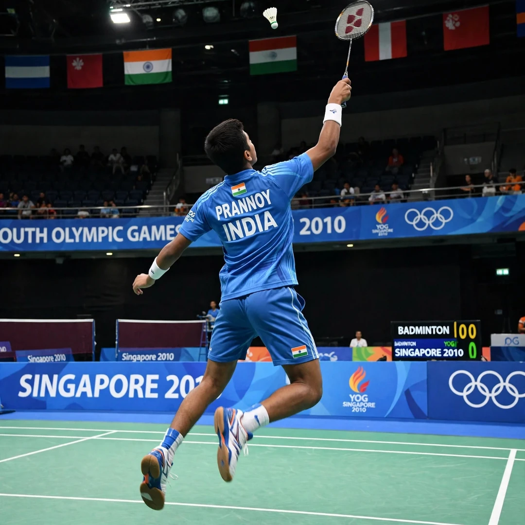 Prannoy H. S. Youth Olympic Games 2010 Young Prannoy H. S. playing a jump smash at the 2010 Youth Olympic Games in Singapore (AI-generated)