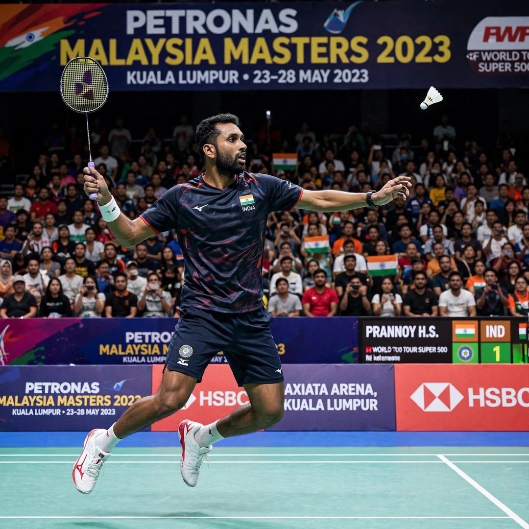 Prannoy H. S. Malaysia Masters 2023 Prannoy H. S. playing a forehand smash at the 2023 Malaysia Masters in Kuala Lumpur (AI-generated)