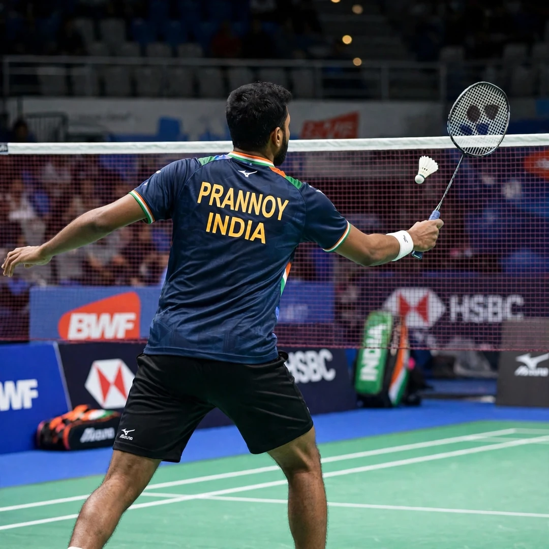 Prannoy H. S. net play Prannoy H. S. playing a tumbling net shot (AI-generated)