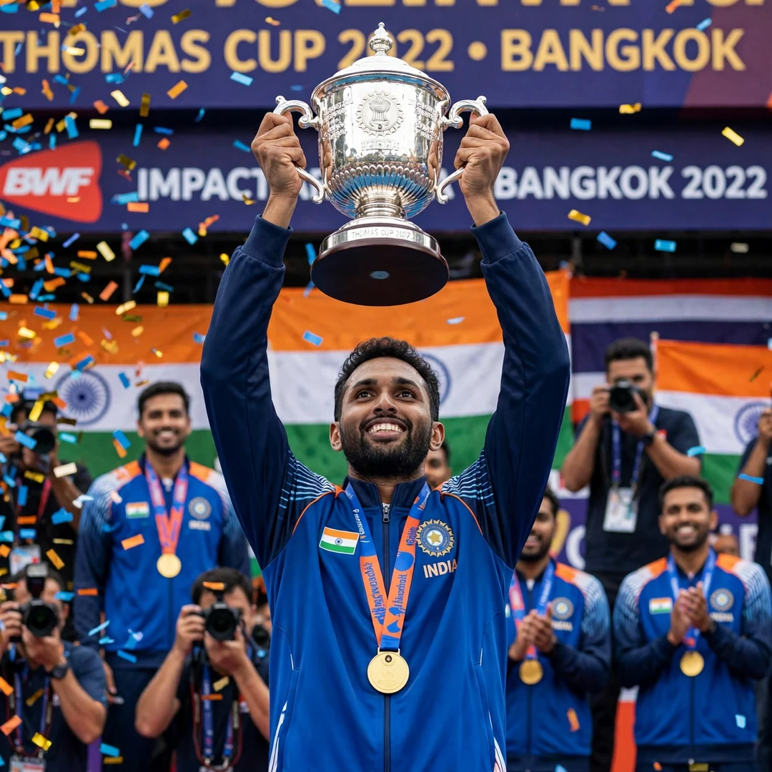 Prannoy H. S. Thomas Cup 2022 Prannoy H. S. lifting the Thomas Cup trophy with the Indian team in Bangkok in 2022 (AI-generated)