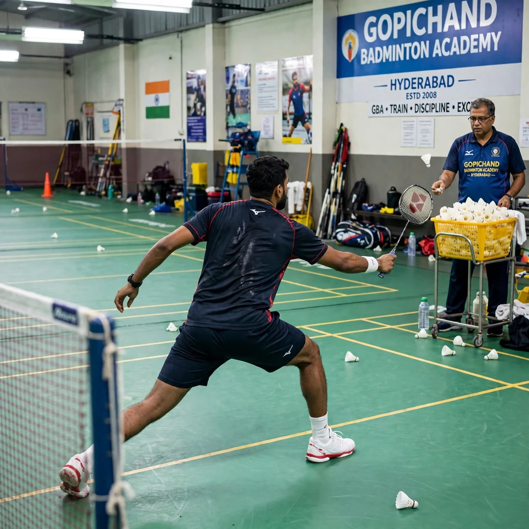 Prannoy H. S. training in Hyderabad Prannoy H. S. in a multi-shuttle training drill at the Gopichand Badminton Academy in Hyderabad (AI-generated)