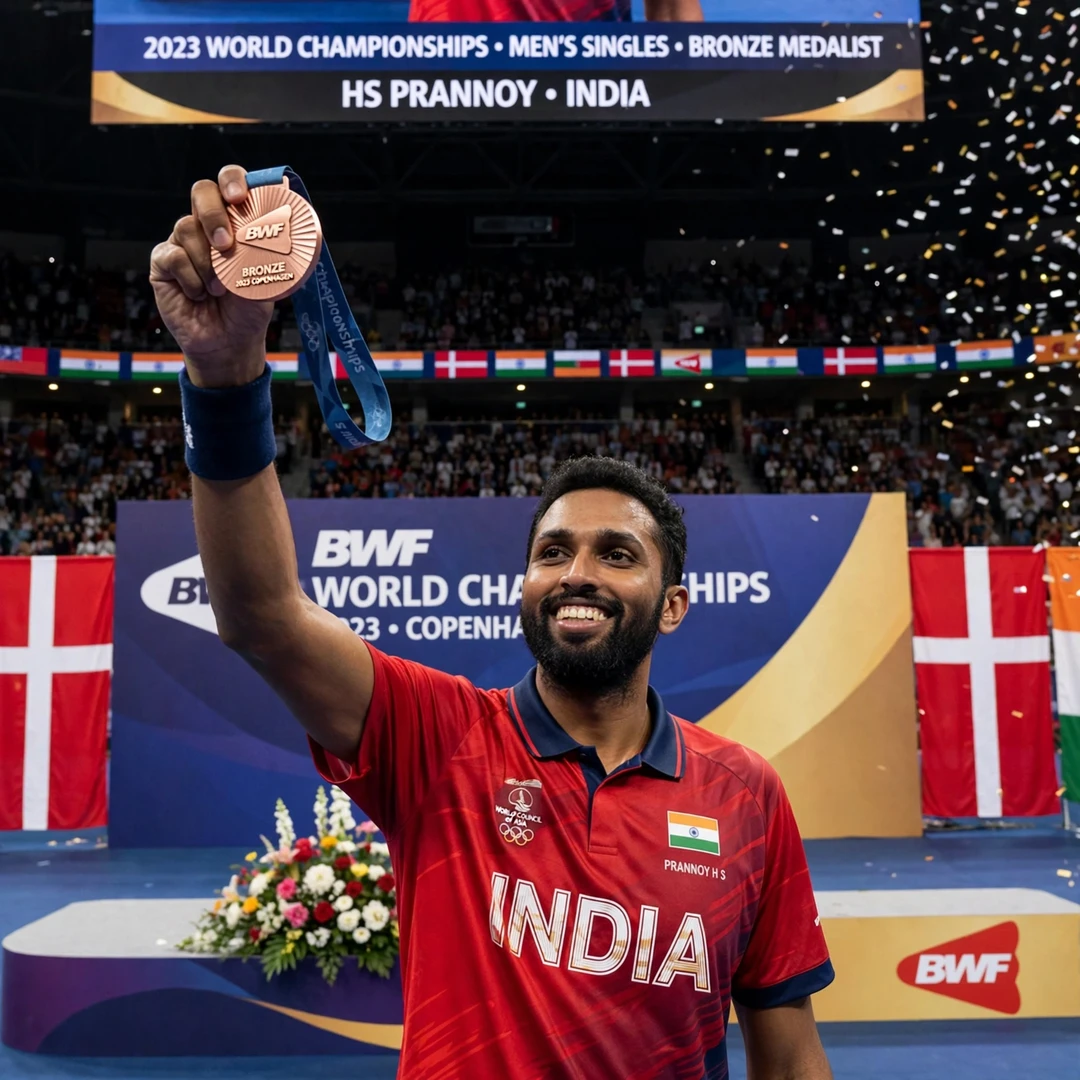 Prannoy H. S. World Championships bronze medal Prannoy H. S. holding up his 2023 World Championships bronze medal in Copenhagen (AI-generated)
