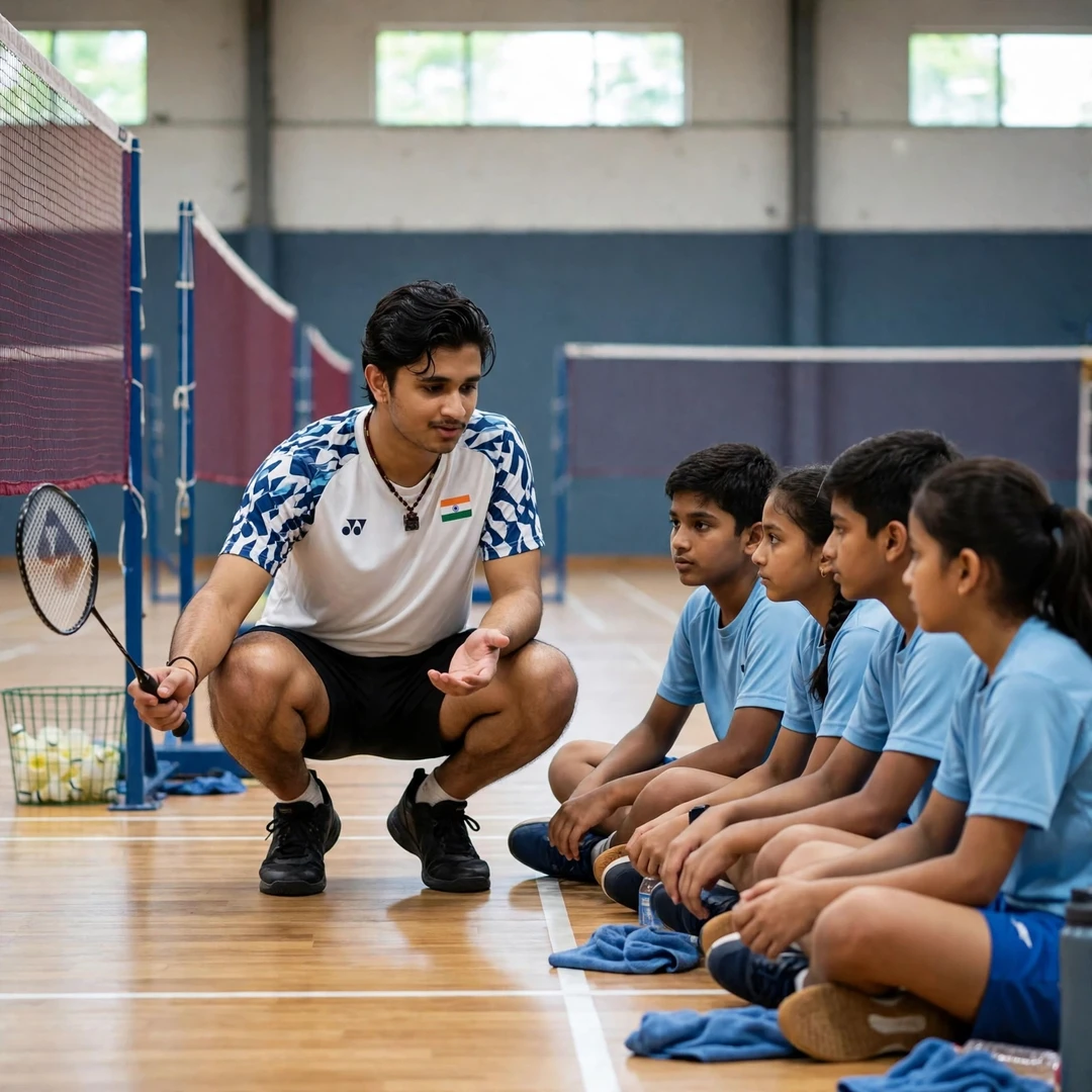 Priyanshu Rajawat demonstrating a net shot to junior players at a badminton clinic (AI-generated) Priyanshu Rajawat demonstrating a net shot to junior players at a badminton clinic (AI-generated)