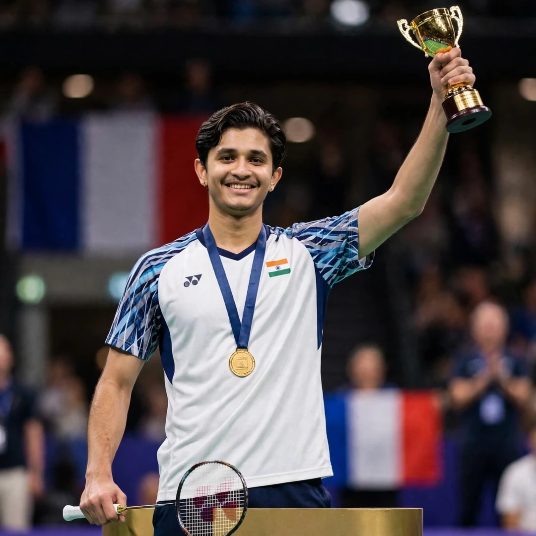 Priyanshu Rajawat on the top step of the podium at the Orleans Masters 2023 (AI-generated) Priyanshu Rajawat on the top step of the podium at the Orleans Masters 2023 (AI-generated)