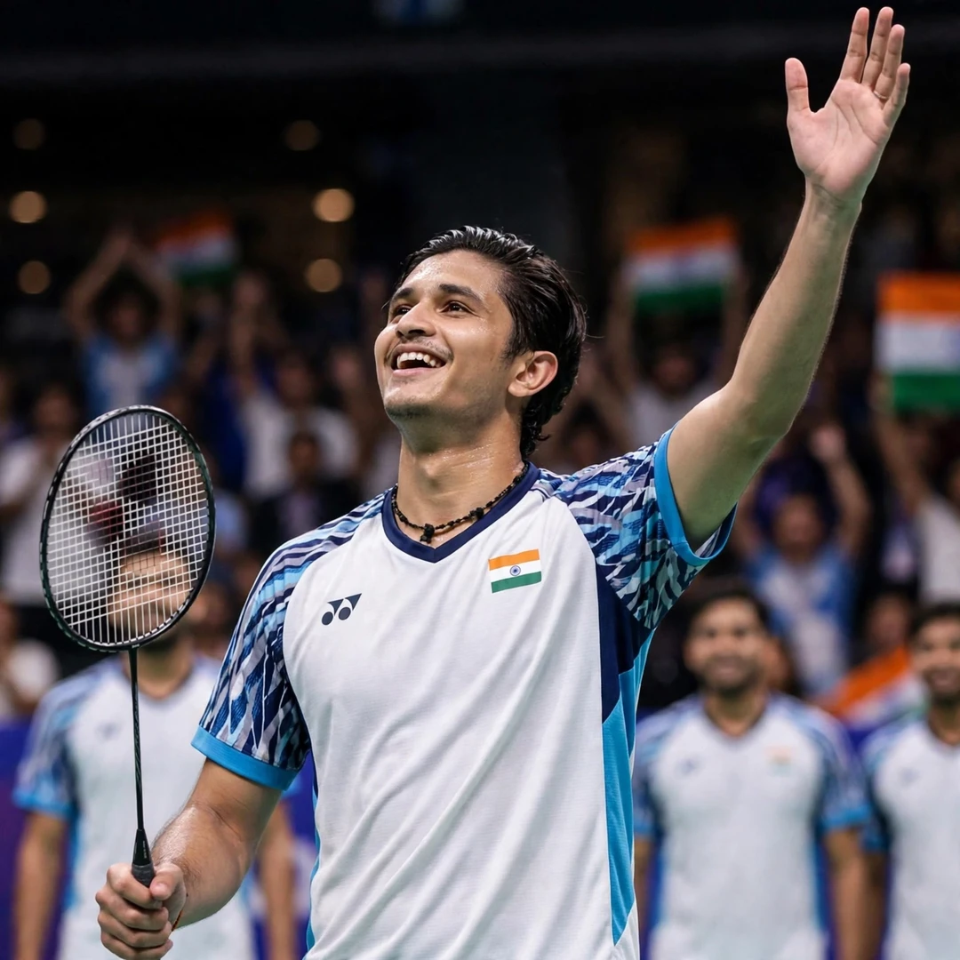 Priyanshu Rajawat celebrating Thomas Cup gold with India (AI-generated) Priyanshu Rajawat celebrating Thomas Cup gold with India (AI-generated)