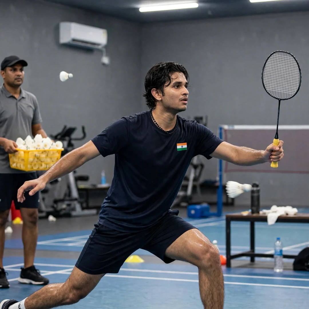 Priyanshu Rajawat in a multi-shuttle training drill (AI-generated) Priyanshu Rajawat in a multi-shuttle training drill (AI-generated)