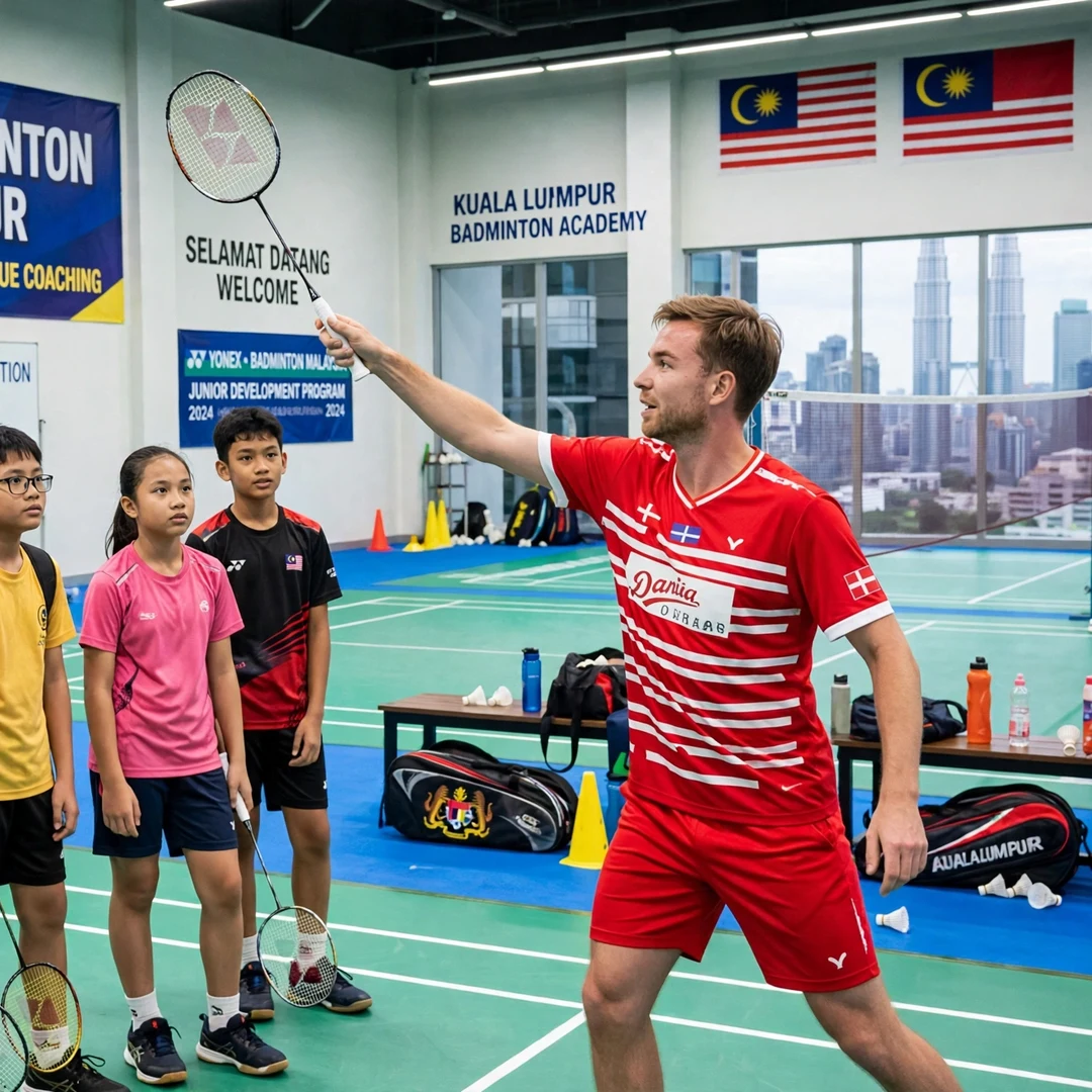 Rasmus Gemke coaching junior badminton players Rasmus Gemke demonstrating technique to junior players at a badminton clinic in Kuala Lumpur (AI-generated)