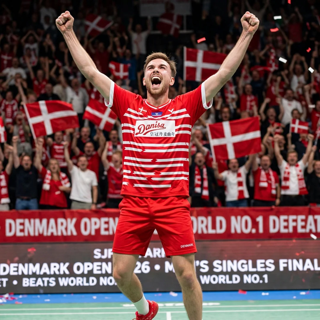 Rasmus Gemke Denmark Open 2026 celebration Rasmus Gemke celebrating his win over world No. 1 Kunlavut Vitidsarn at the Denmark Open 2026 (AI-generated)