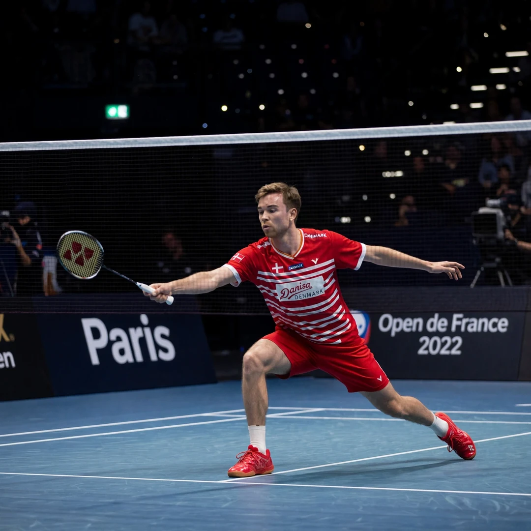 Rasmus Gemke French Open 2022 Super 750 final Rasmus Gemke lunging at the net during the French Open 2022 final in Paris (AI-generated)