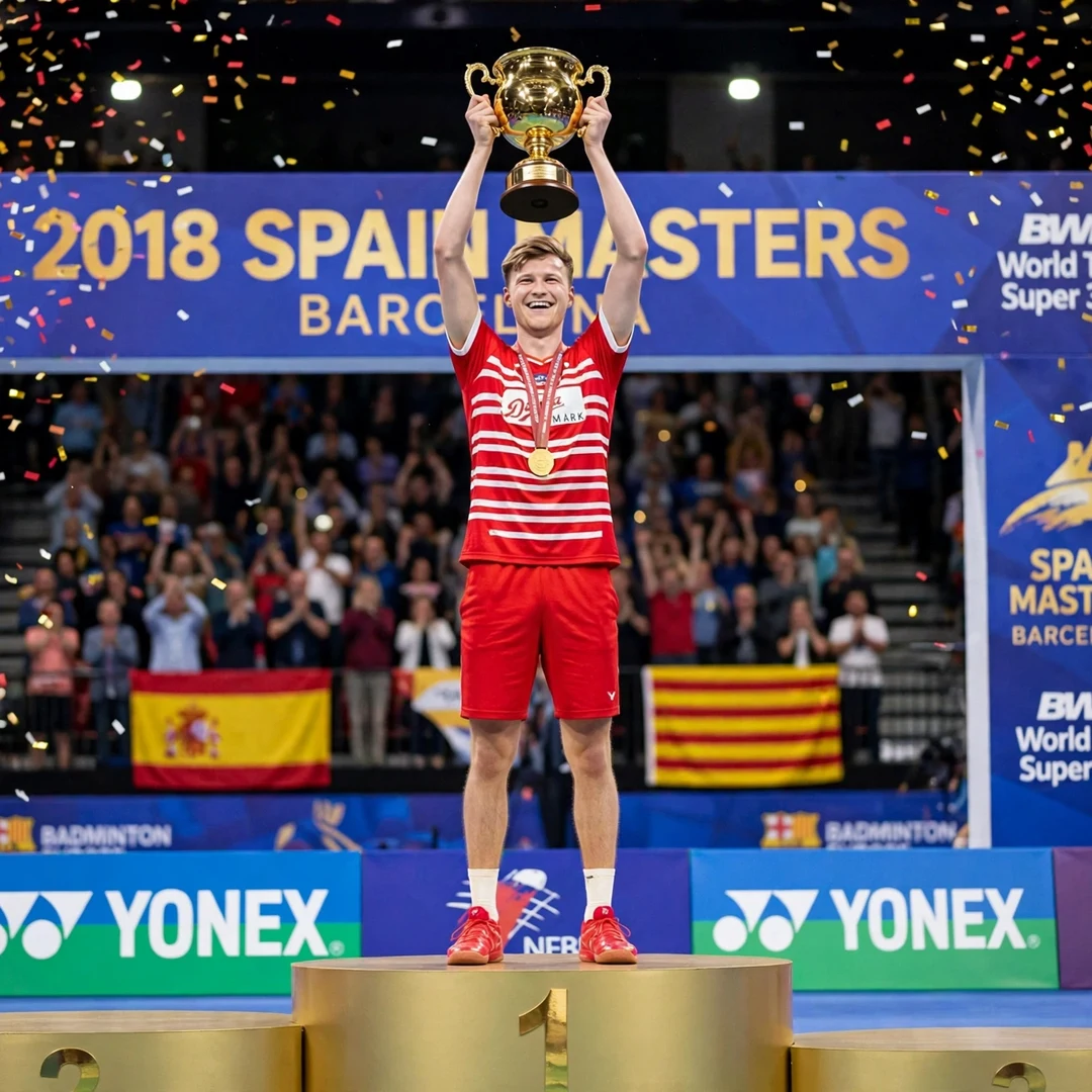 Rasmus Gemke first BWF World Tour title Spain Masters 2018 Rasmus Gemke lifting the Spain Masters 2018 trophy in Barcelona (AI-generated)