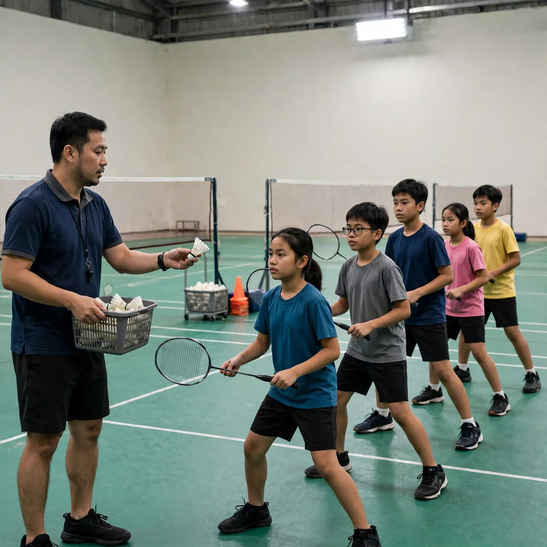 Junior players at ST Badminton Academy training like Riki Takei Young students training at ST Badminton Academy inspired by Riki Takei (AI-generated)