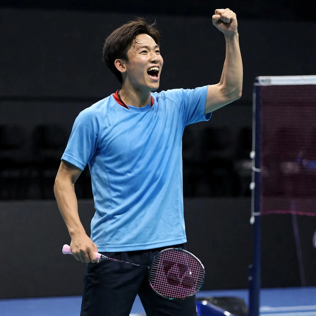 Riki Takei celebrating at the Canada Open 2026 in Markham Riki Takei celebrating his Canada Open 2026 semi-final win over Lee Zii Jia (AI-generated)