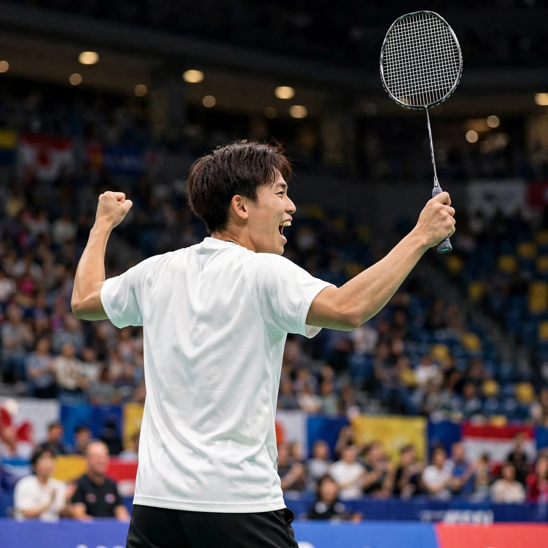 Riki Takei celebrating a victory on the BWF World Tour Riki Takei celebrating a match victory with a fist pump (AI-generated)