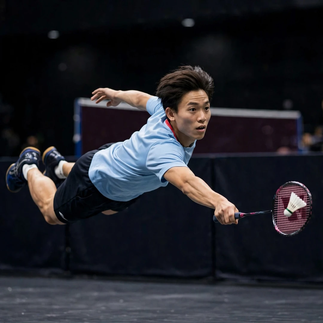 Riki Takei diving defensive return during an international match Riki Takei diving to retrieve a smash in defence (AI-generated)