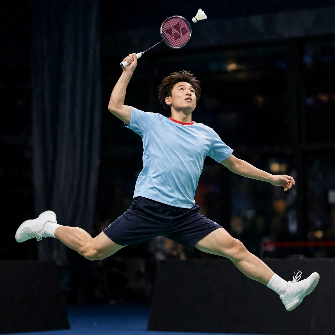 Riki Takei jump smash during an international men's singles match Riki Takei airborne playing a jump smash, racket in his right hand (AI-generated)