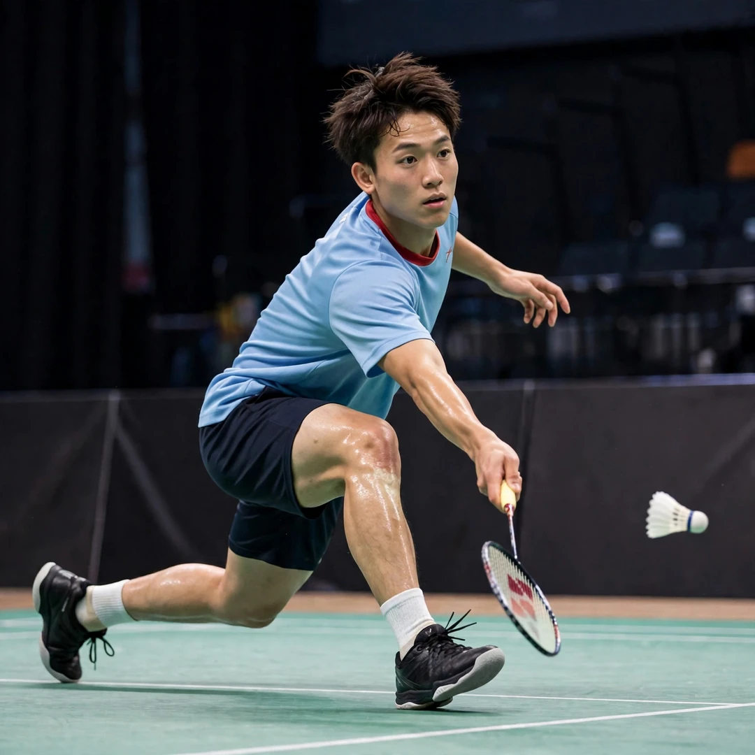 Riki Takei showing fast footwork and patient rally construction Riki Takei stretched low in defence showing his speed and court coverage (AI-generated)