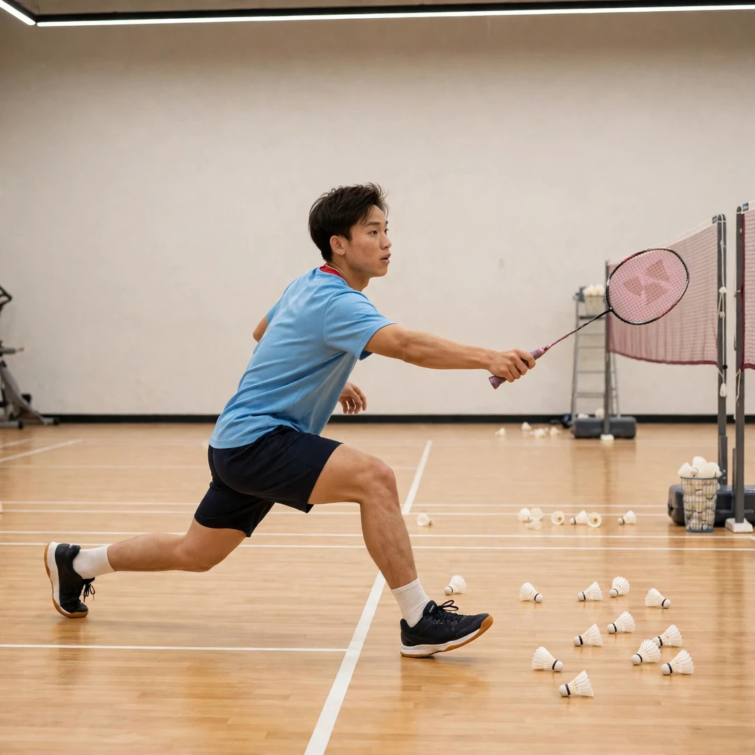 Riki Takei training under coach Kento Momota at NTT East Riki Takei training at the NTT East badminton hall in Japan (AI-generated)