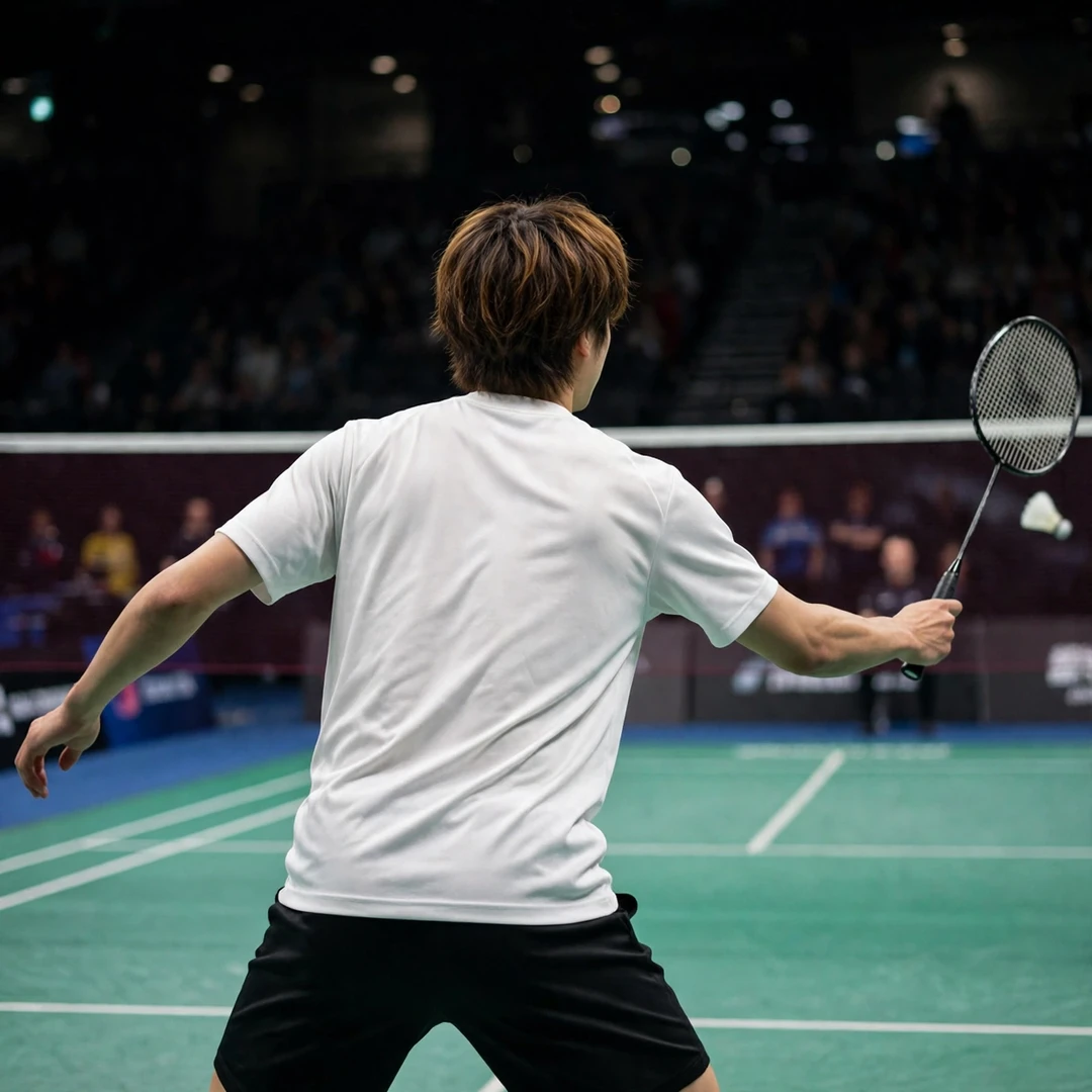 Riku Hatano playing a forehand drive, seen from behind (AI-generated) Riku Hatano playing a forehand drive, seen from behind (AI-generated)