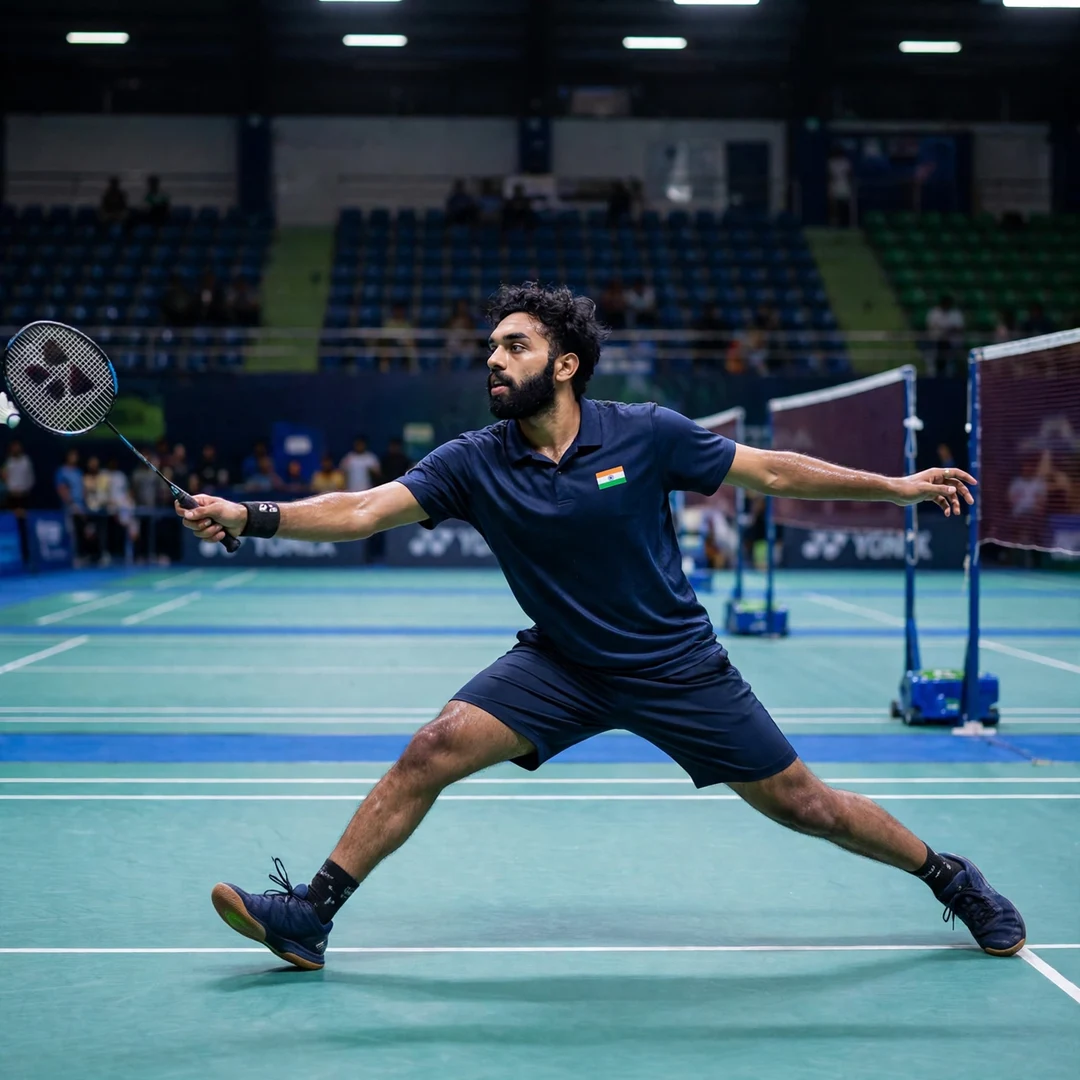 Rithvik Sanjeevi Satish Kumar backhand defence Rithvik Sanjeevi Satish Kumar stretched out playing a backhand in the deep corner (AI-generated)