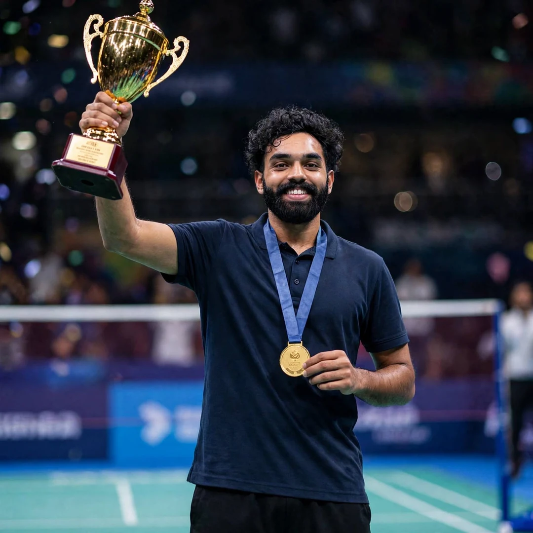 Rithvik Sanjeevi Satish Kumar Indian senior national champion trophy Rithvik Sanjeevi Satish Kumar holding the Indian Senior National Championships trophy and gold medal (AI-generated)