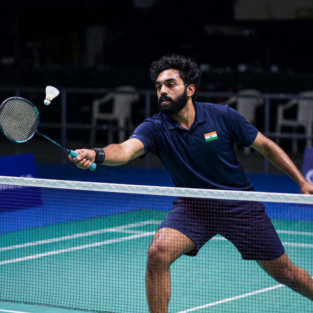Rithvik Sanjeevi Satish Kumar net play Rithvik Sanjeevi Satish Kumar lunging at the net for a tumbling net shot (AI-generated)