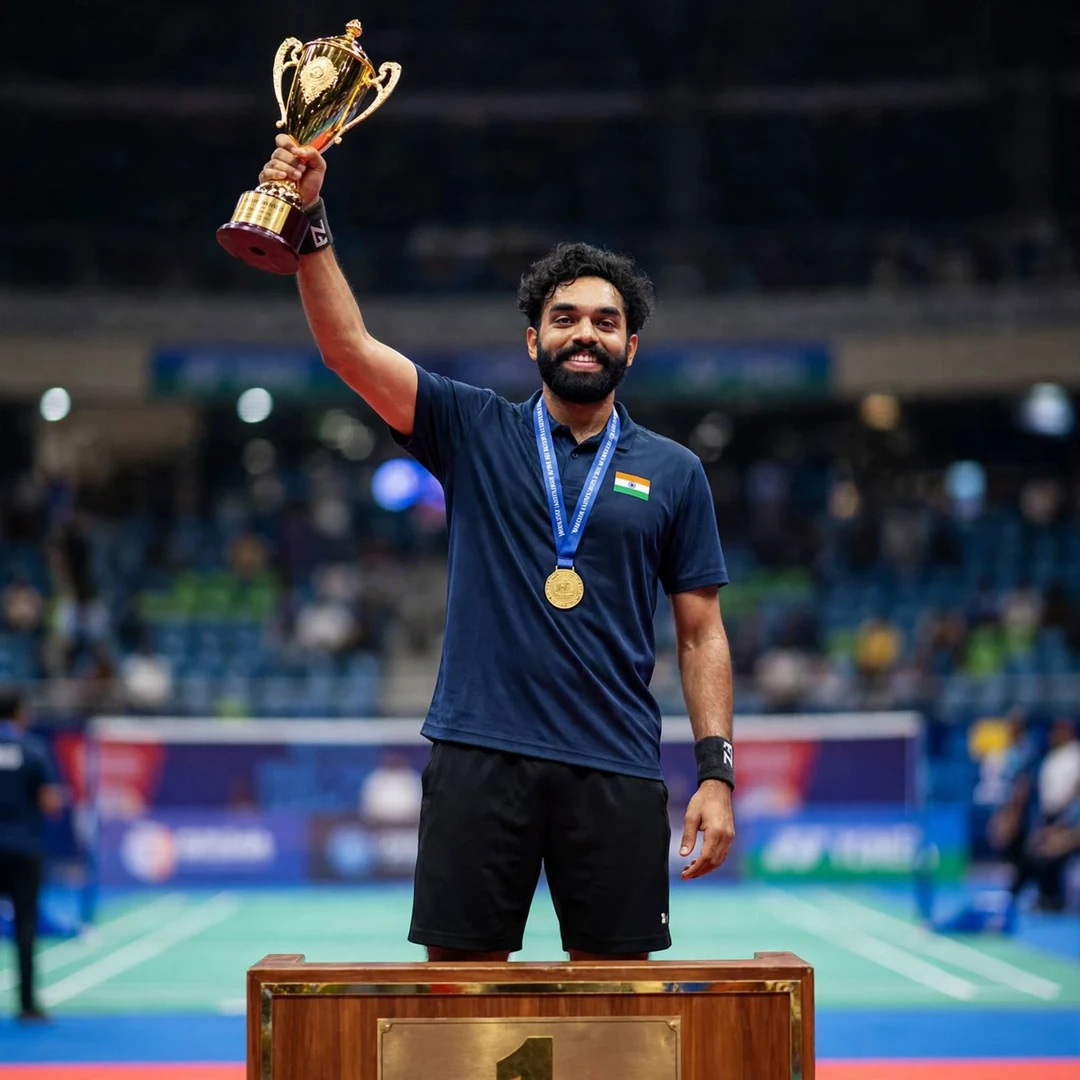 Rithvik Sanjeevi Satish Kumar Odisha Masters podium Rithvik Sanjeevi Satish Kumar on the winners podium at the Odisha Masters with trophy and gold medal (AI-generated)