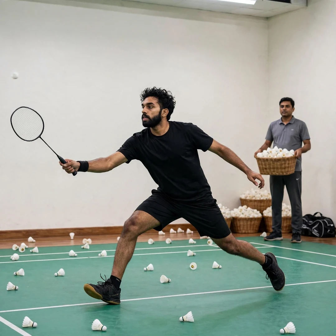 Rithvik Sanjeevi Satish Kumar training multi-shuttle drill Rithvik Sanjeevi Satish Kumar lunging in a multi-shuttle training drill at his academy in Tamil Nadu (AI-generated)