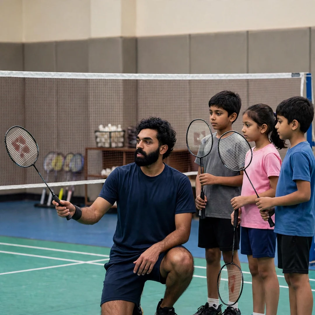 Rithvik Sanjeevi Satish Kumar coaching juniors academy clinic Rithvik Sanjeevi Satish Kumar demonstrating a net shot to junior players at an academy clinic (AI-generated)